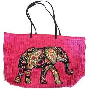 Vera Bradley Pink Paisley Elephant Patch Woven Large Tote Bag